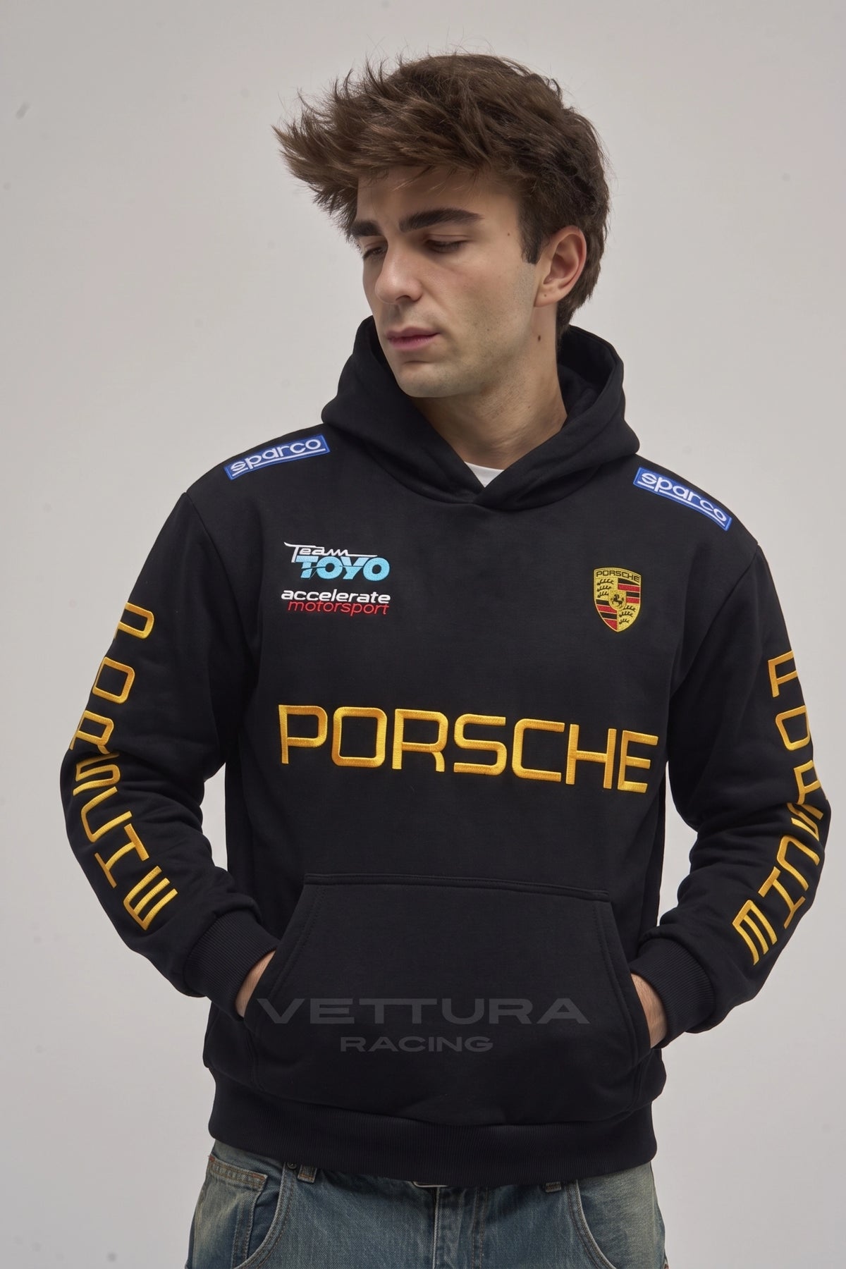 Porsche embroidered hoodie styled in daylight
