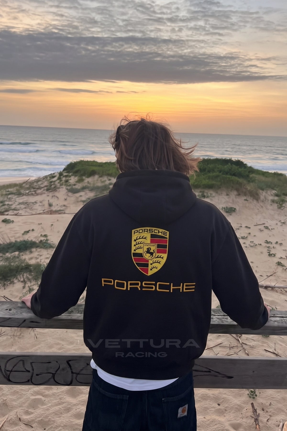 Detail of the brushed fleece and ribbed cuffs on the Porsche hoodie