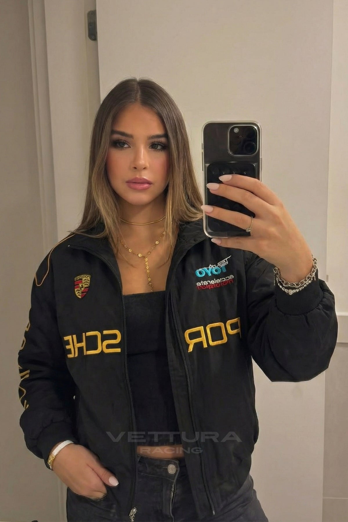 Street style look with the black Porsche vintage racing jacket