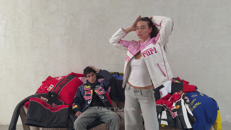 Vettura Racing FW26 lookbook: models wearing vintage F1 racing jackets, Ferrari, Red Bull and Porsche leather and nylon racing jackets