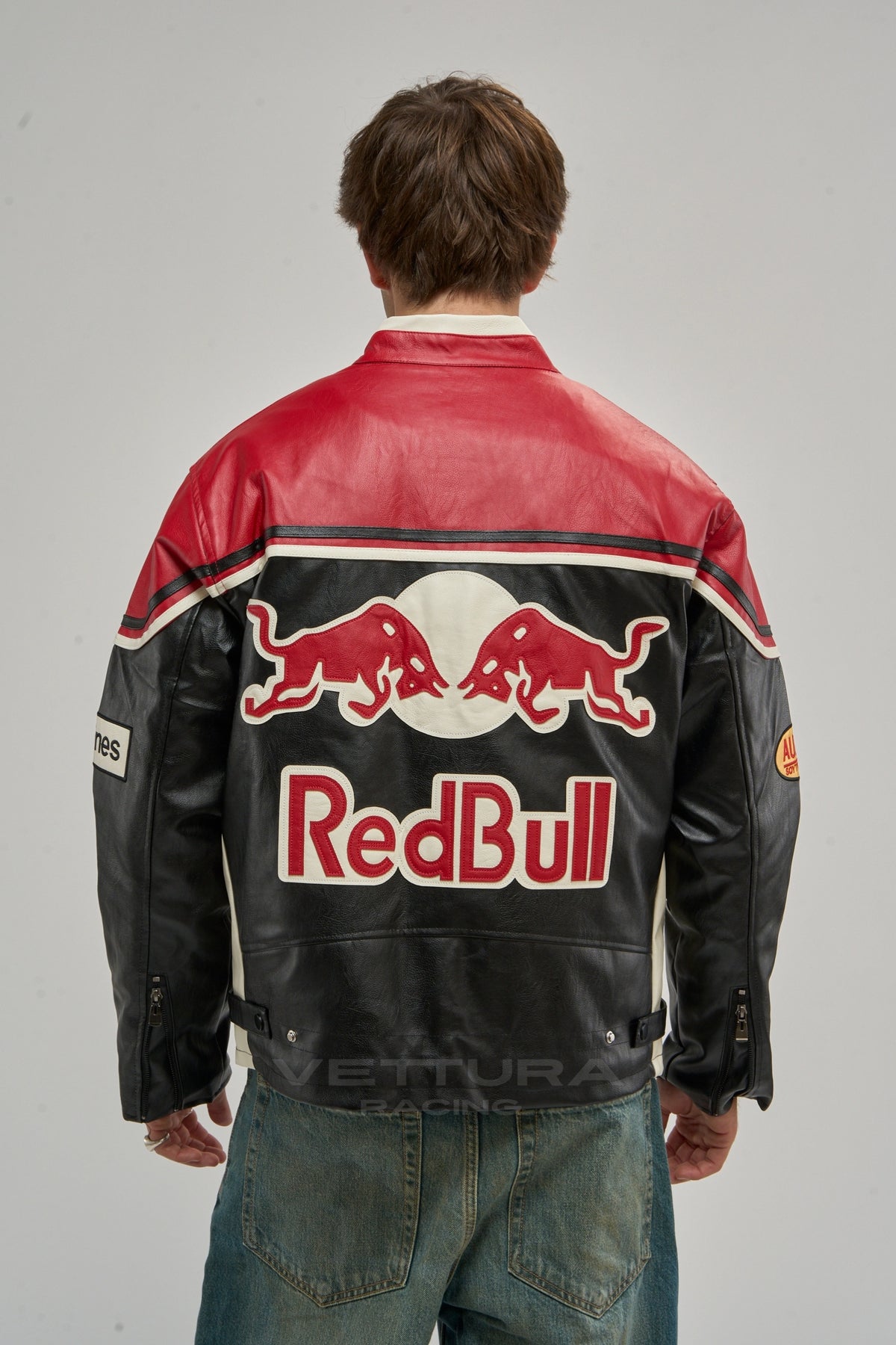 Back of the Red Bull racing leather jacket on a model