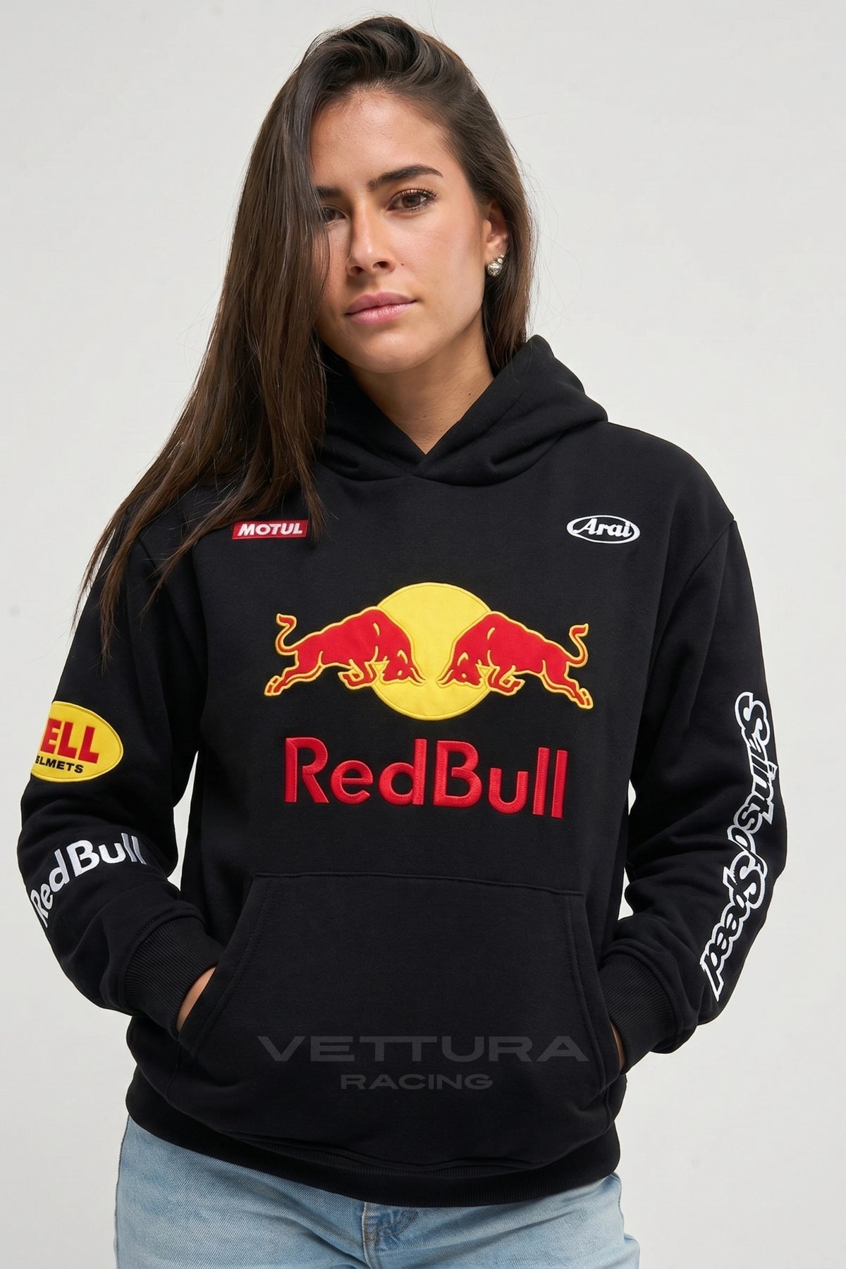 Red Bull Racing hoodie worn on the street, relaxed fit