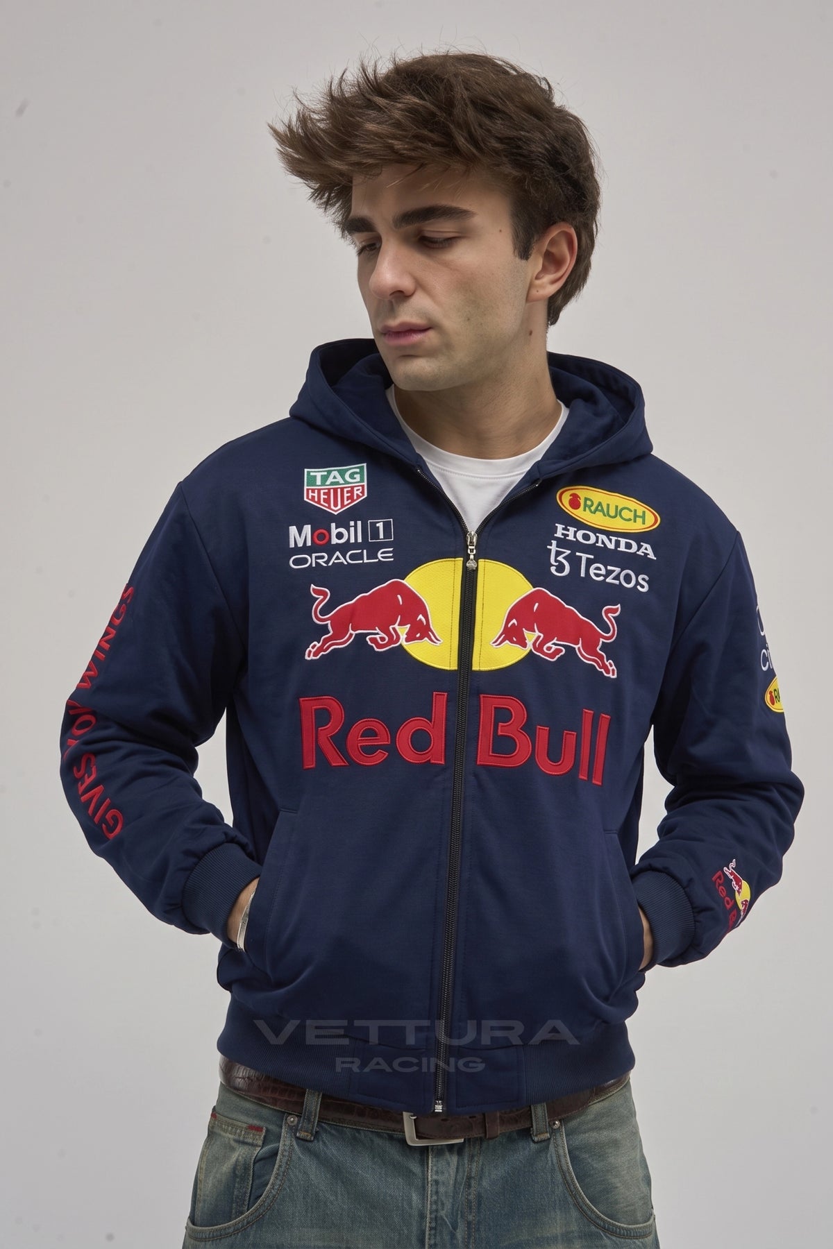 Red Bull Racing zip hoodie styled with jeans in daylight