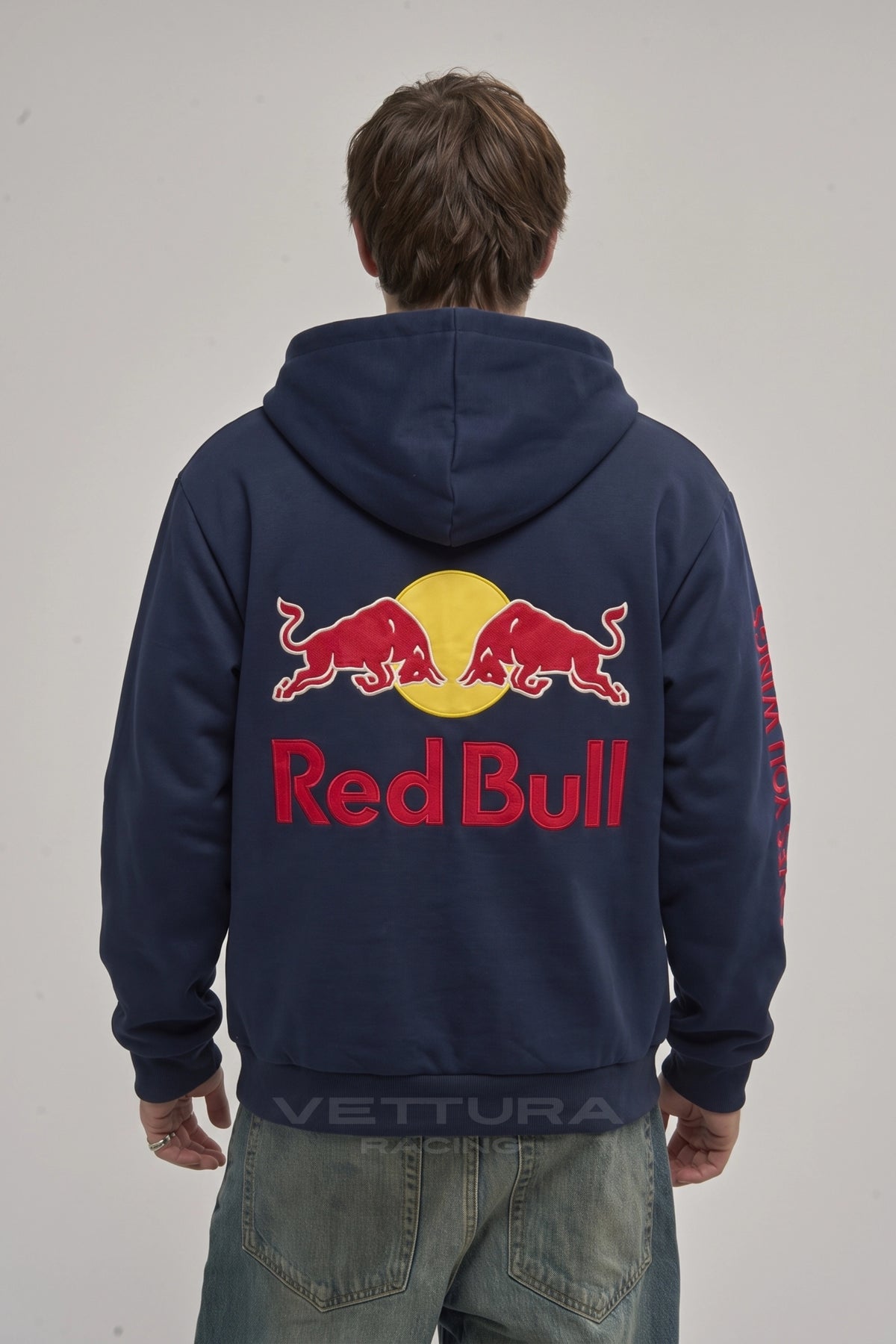 Red Bull Racing embroidered hoodie worn on the street, relaxed fit