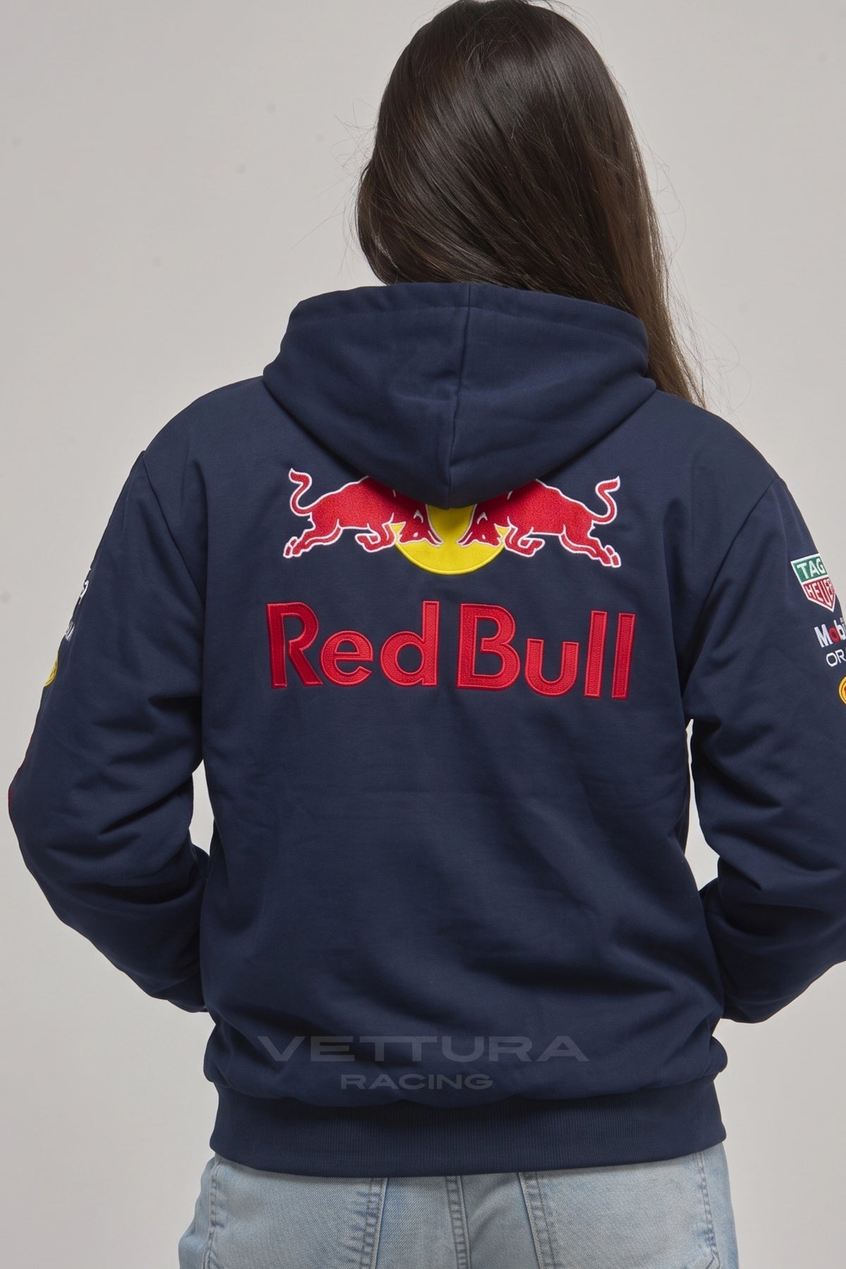 Back of the Red Bull Racing hoodie with the embroidered charging bulls