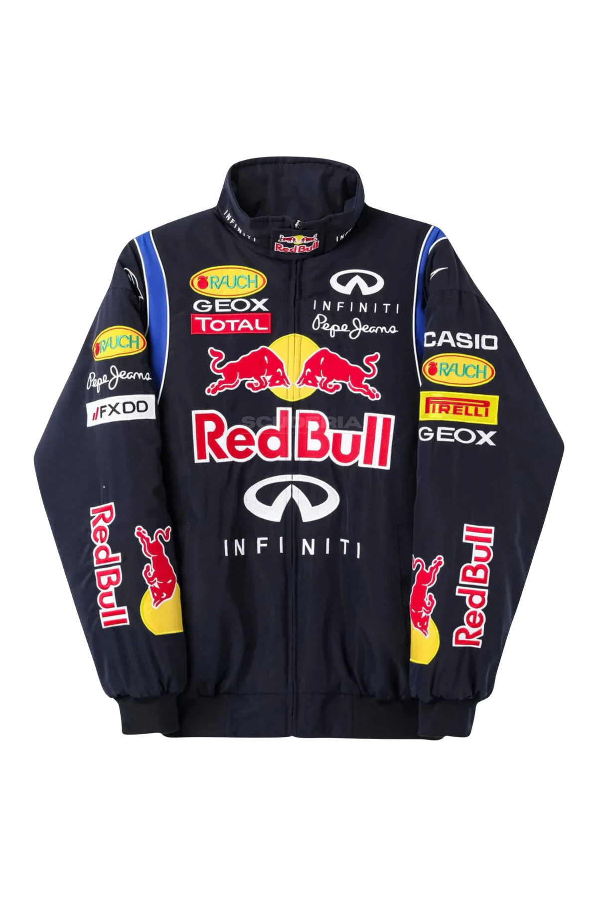Navy Red Bull F1 racing jacket flat front view with embroidered sponsor patches