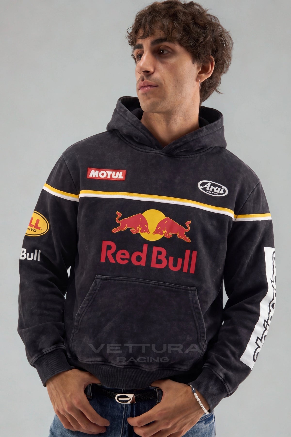 Red Bull Racing carbon wash hoodie styled with jeans in daylight