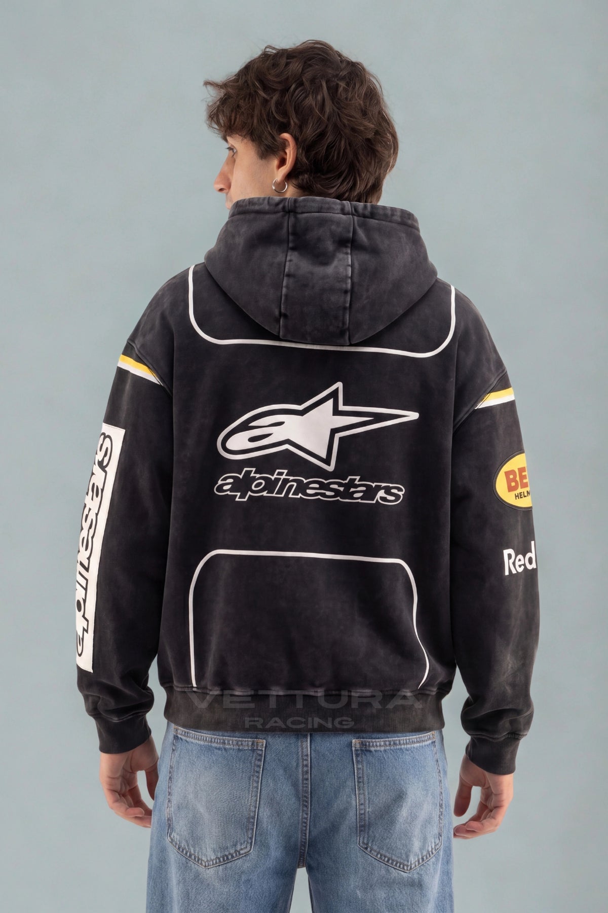 Model wearing the Red Bull Racing carbon wash hoodie, front view
