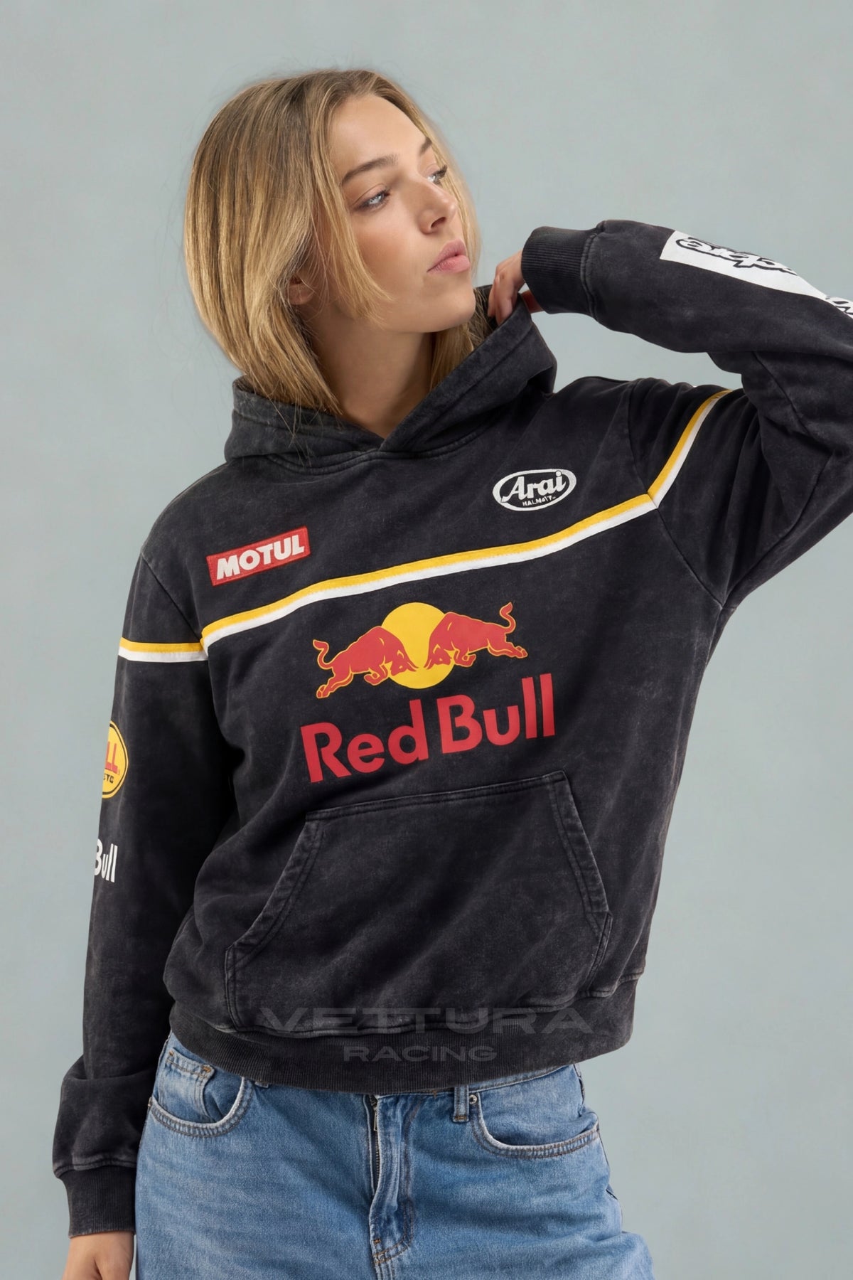 Red Bull Racing carbon wash hoodie worn on the street