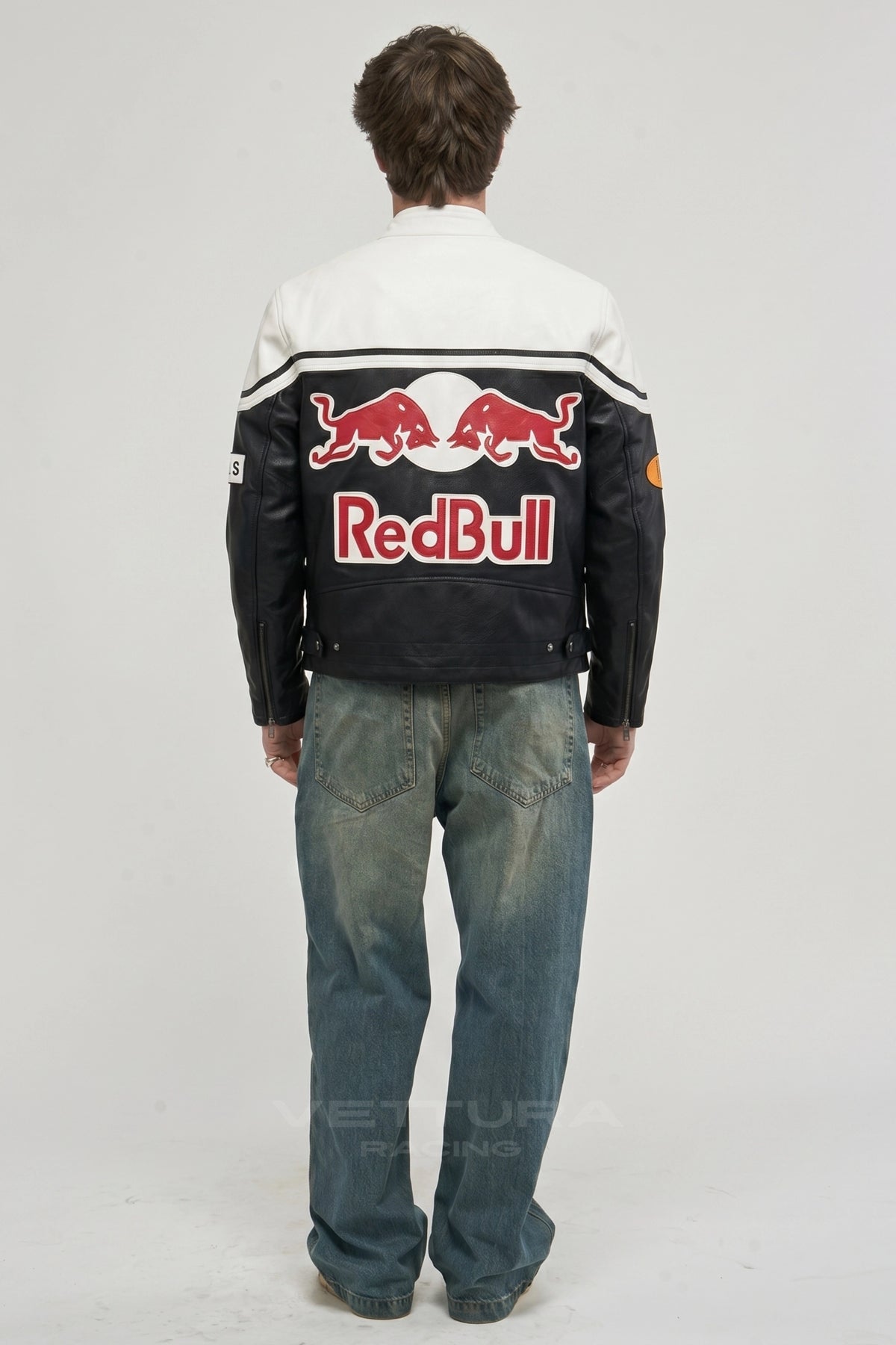 Model wearing the Red Bull Racing white leather jacket, front view