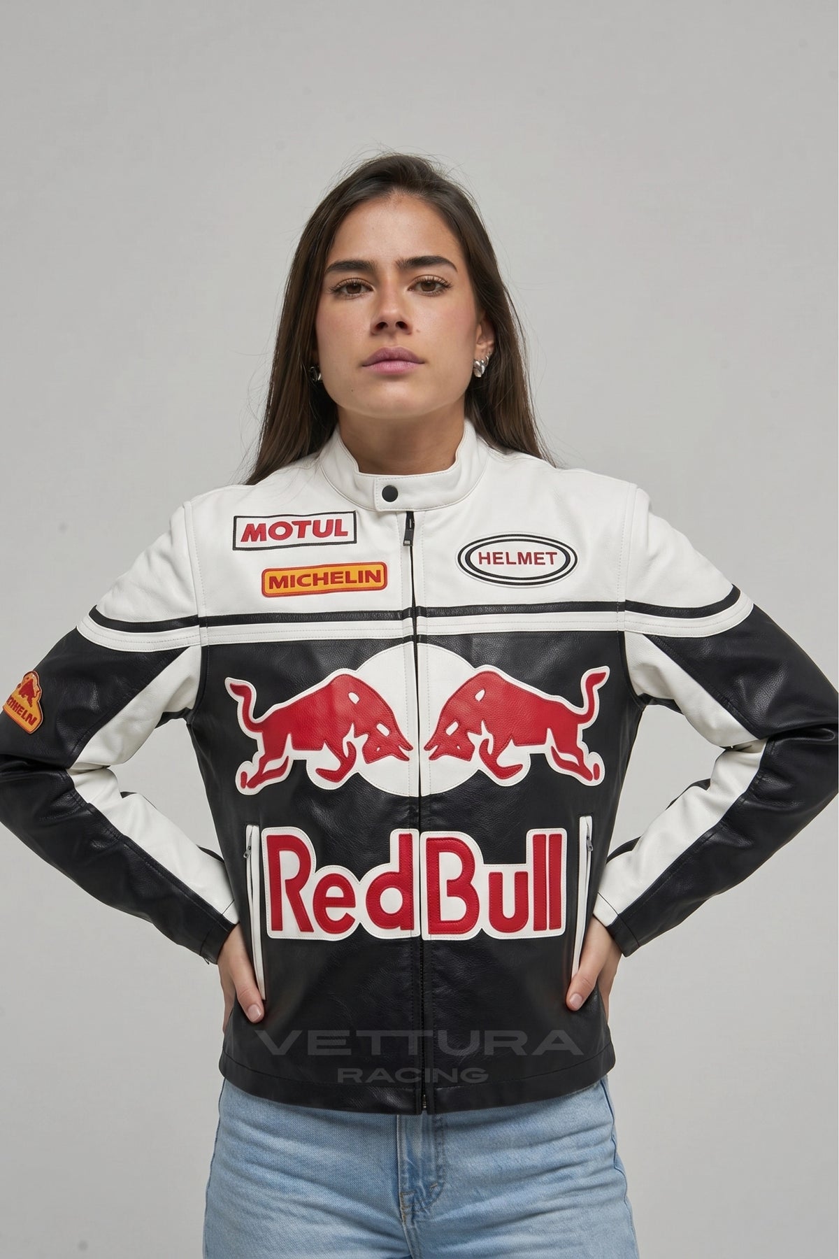 Red Bull Racing white leather jacket worn on the street