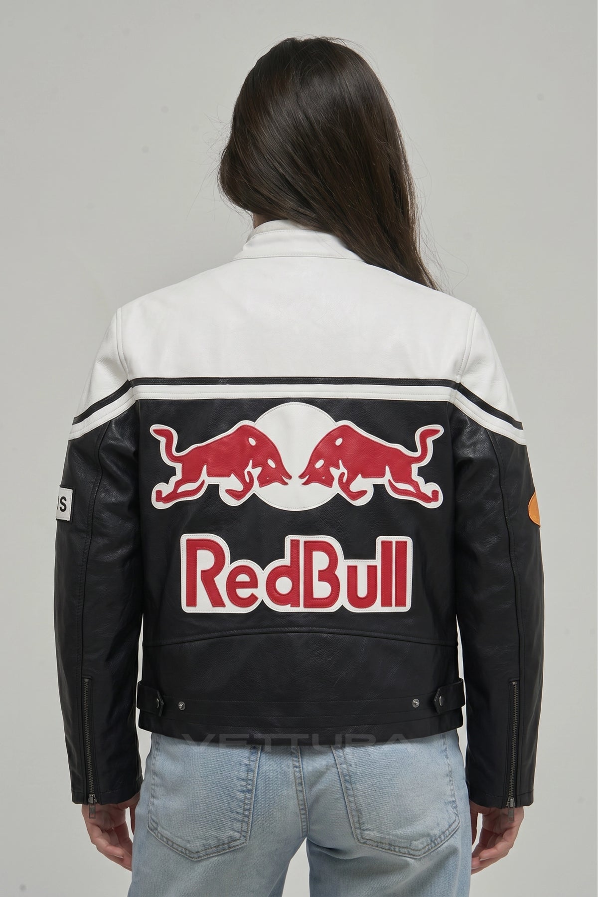 Back of the Red Bull Racing white leather jacket with the charging bulls