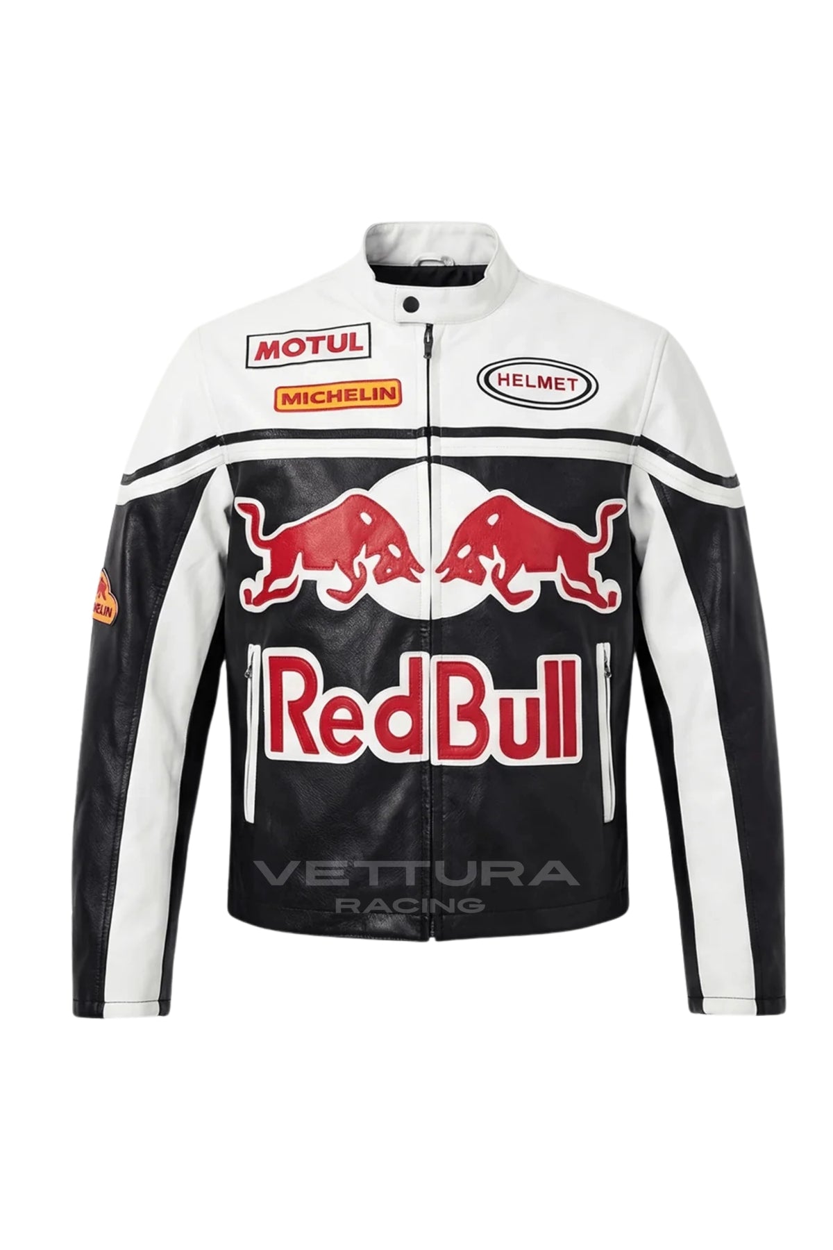 Red Bull Racing white leather jacket, front product shot on a white background