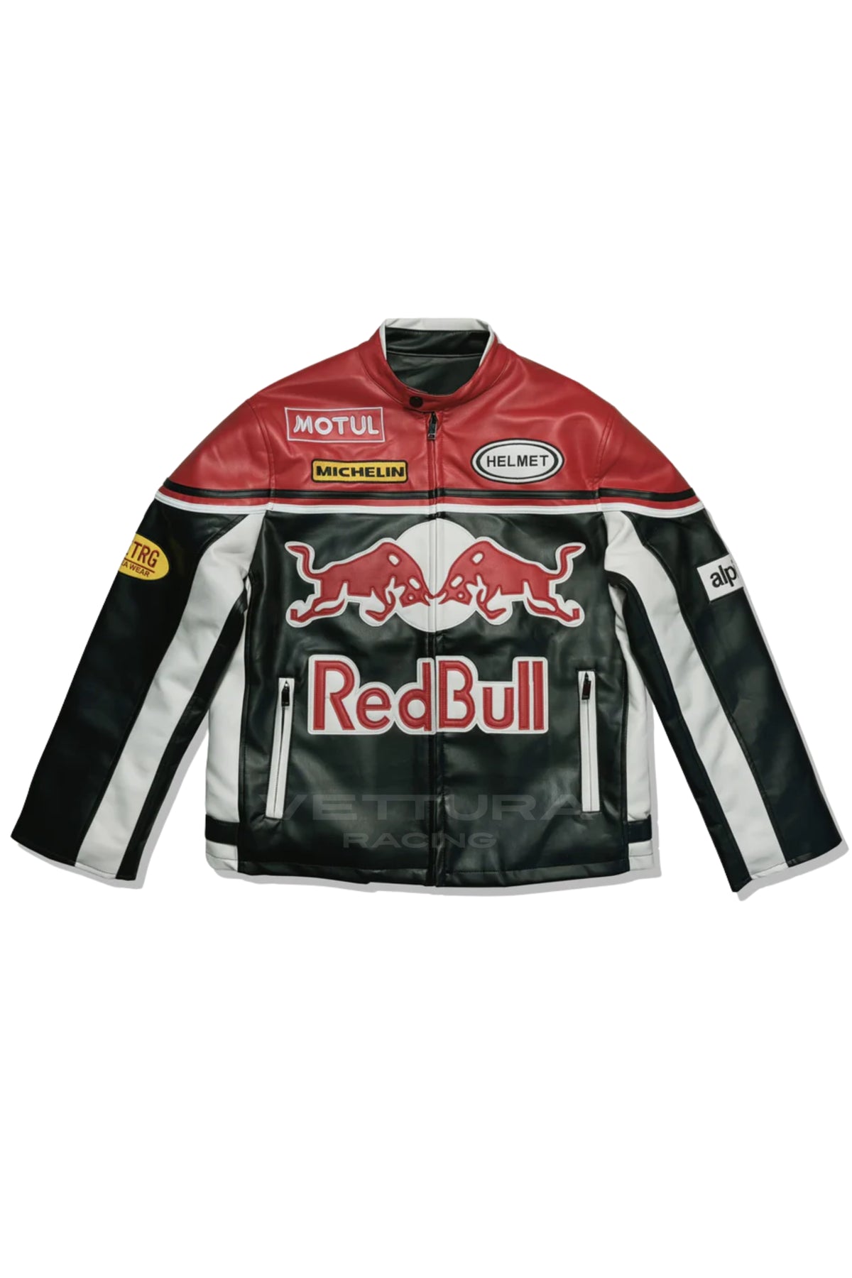 Red Bull vintage leather racing jacket, front product shot with red shoulders and Motul and Michelin patches