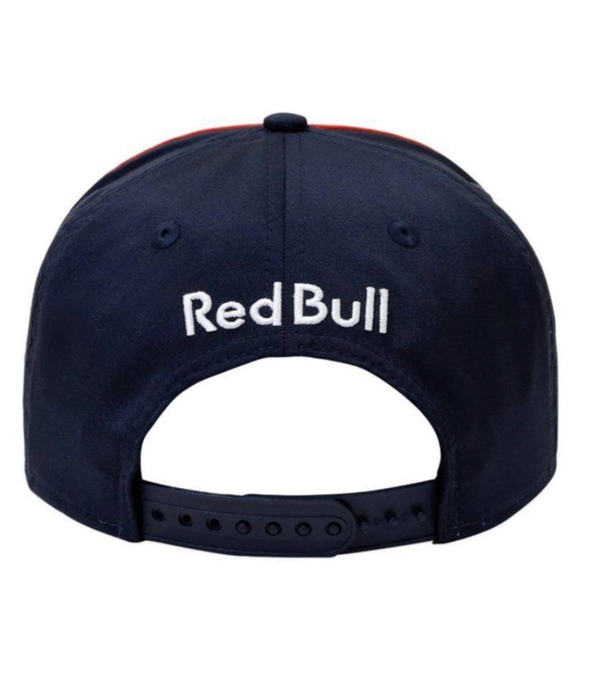 Rear of the Red Bull Racing 2023 cap with white script stitching and snapback strap
