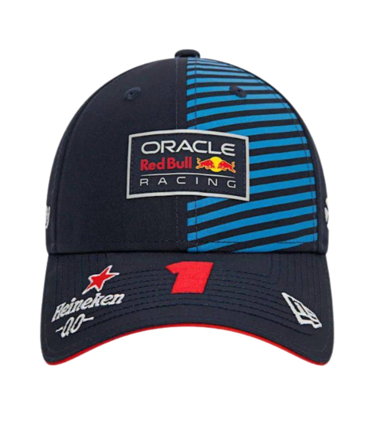 Front of the Red Bull Racing 2024 cap showing the blue stripe panel and brim branding