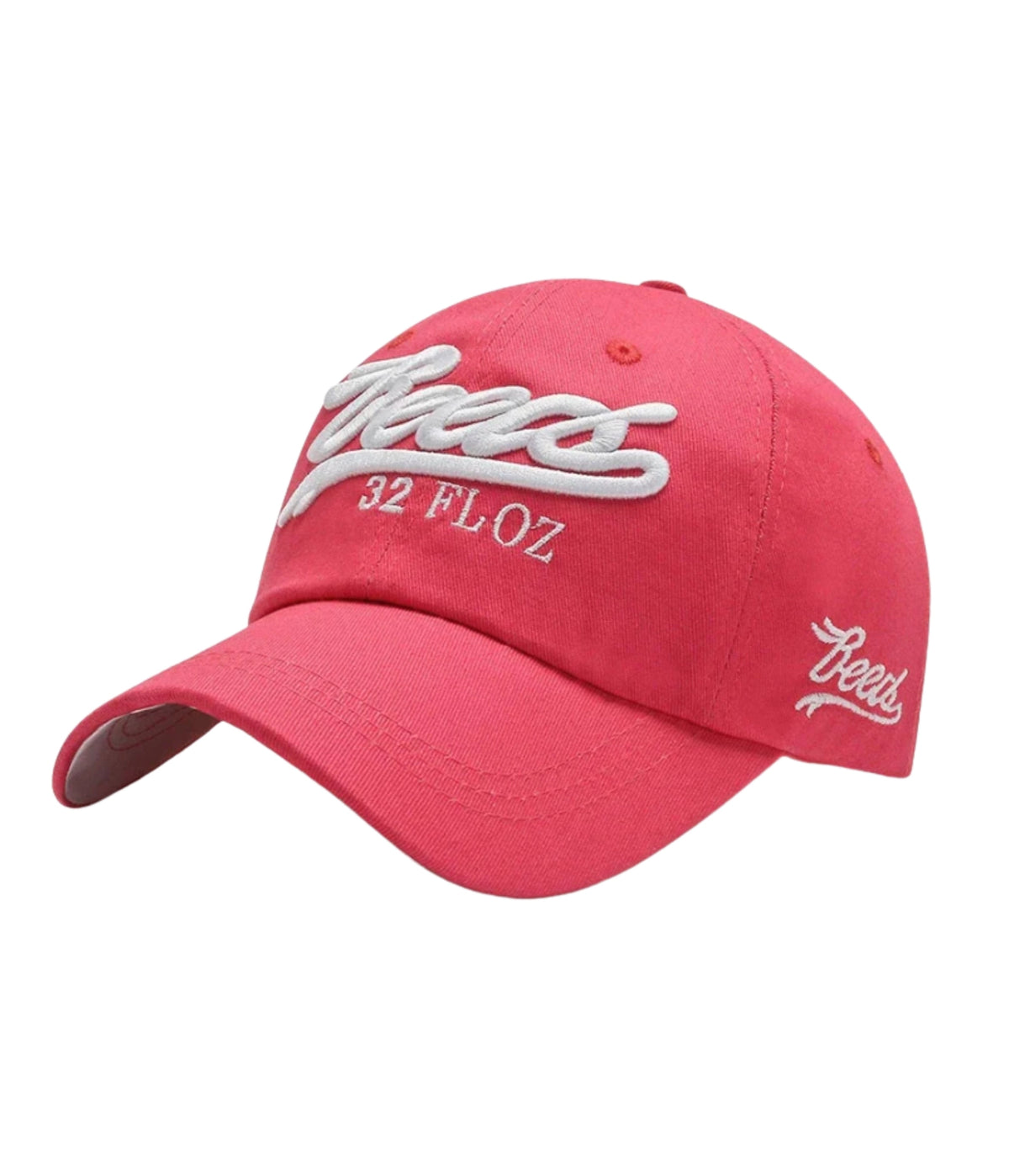Coral pink Reese's 32 FL OZ puff embroidered cap, side view