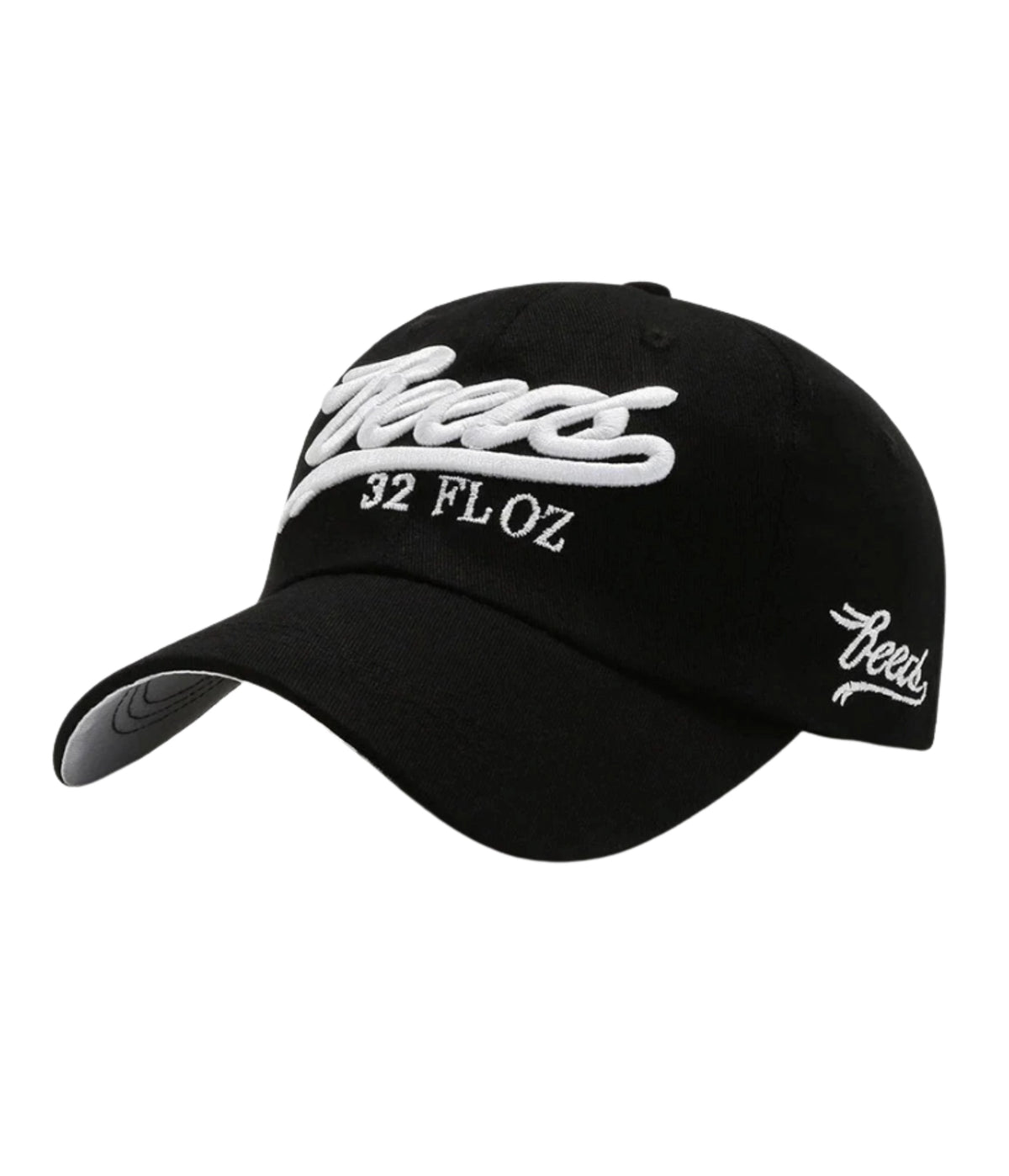 Black Reese's 32 FL OZ puff embroidered cap with white script