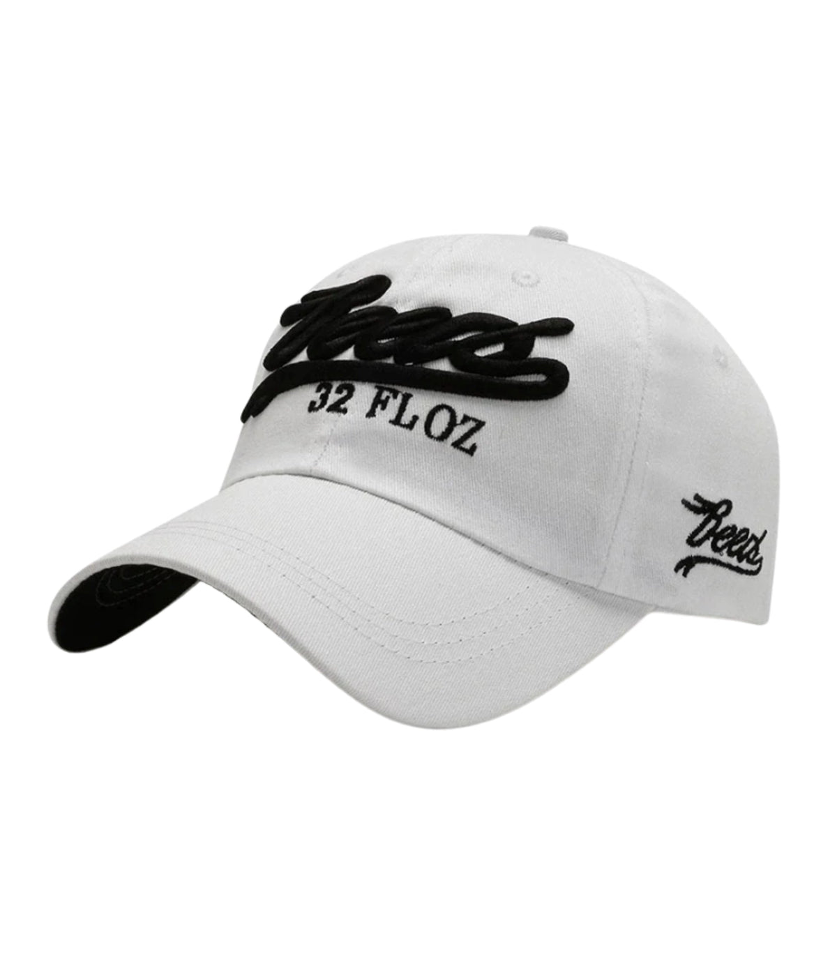 White Reese's 32 FL OZ puff embroidered cap with black script