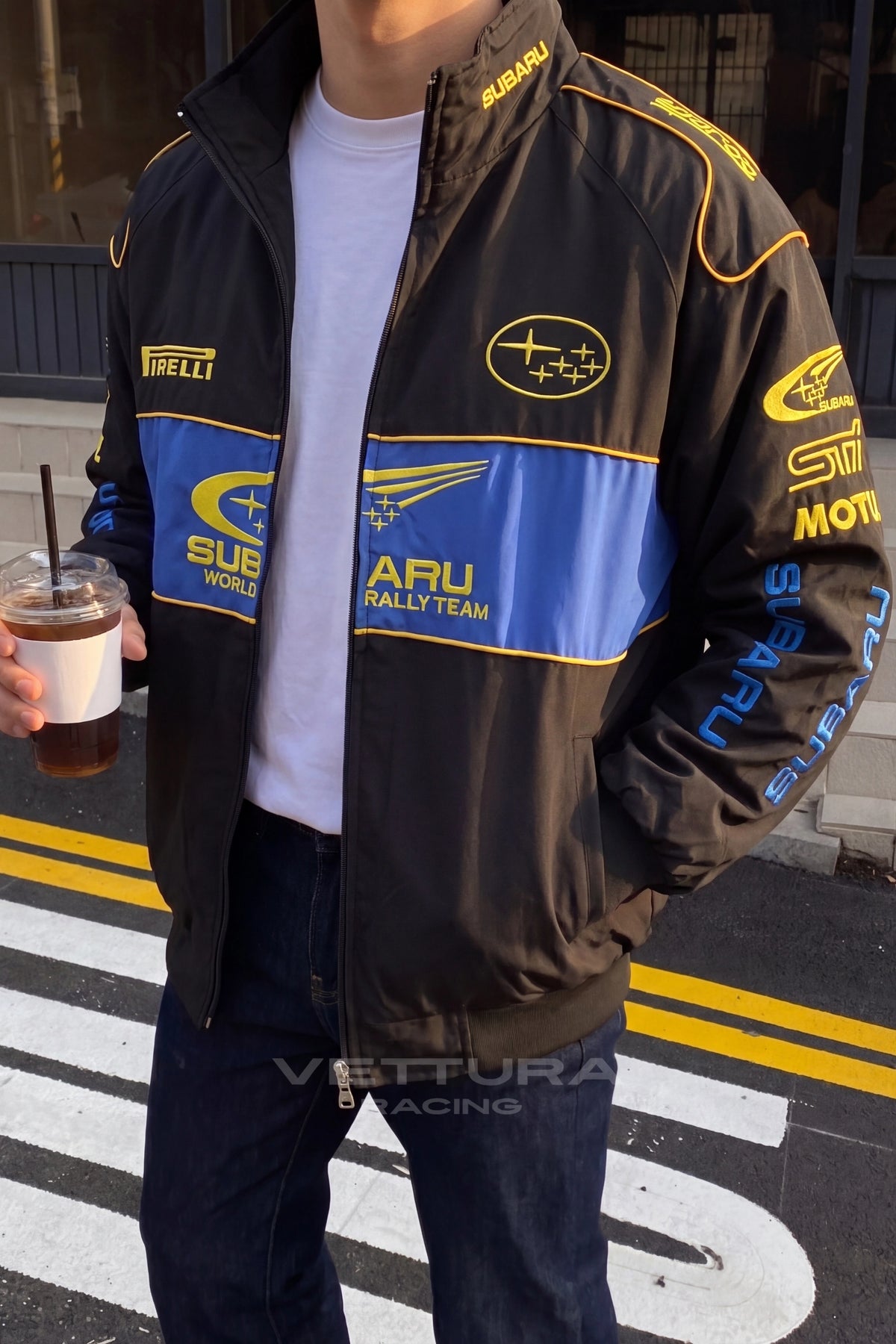 Street style look with the black Subaru World Rally vintage jacket