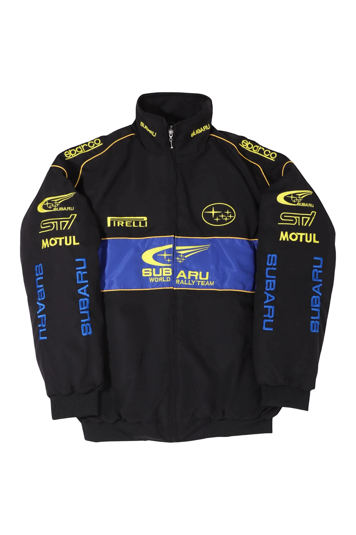 Black Subaru rally jacket flat front view with embroidered crest