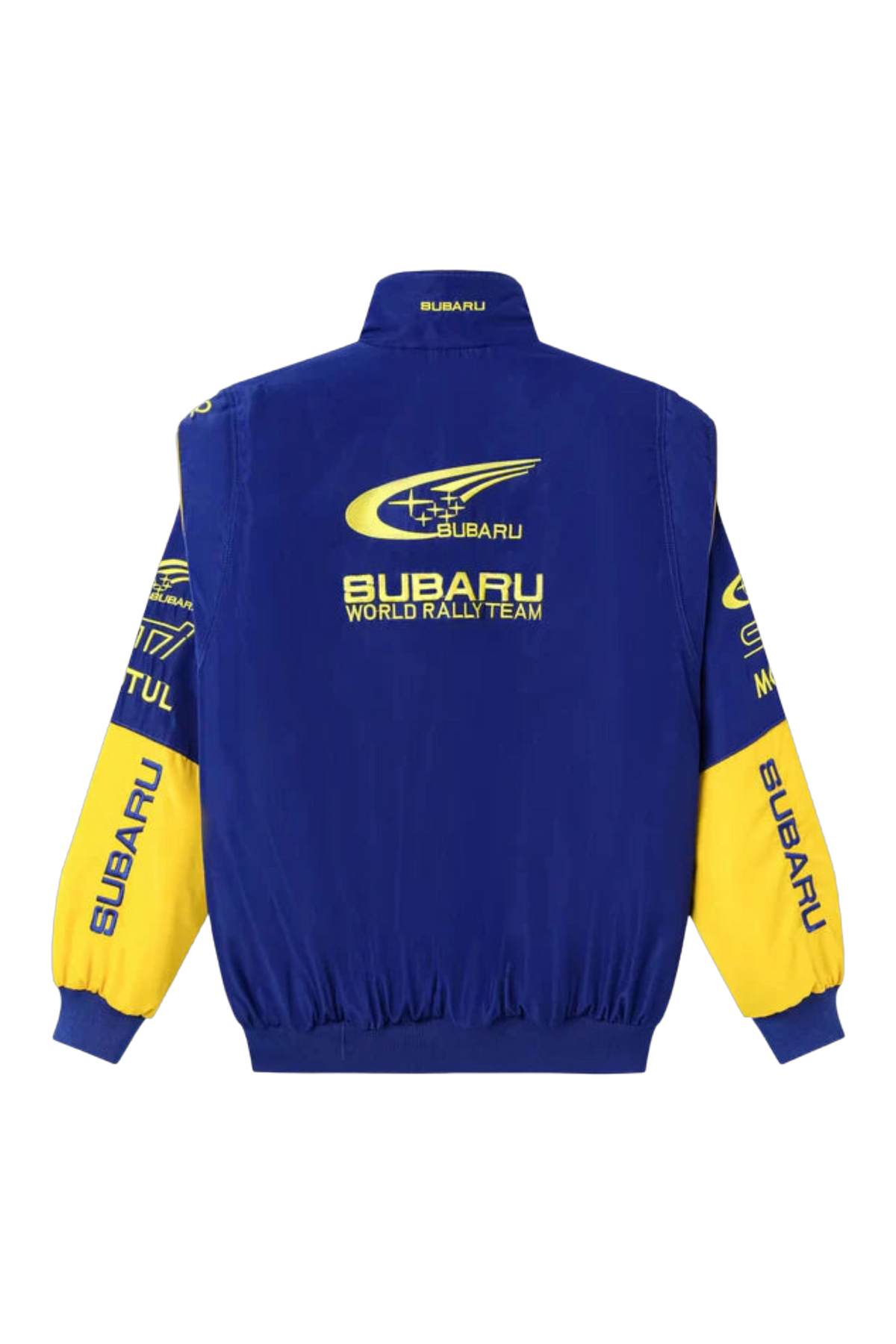 Subaru World Rally Team jacket flat back view with embroidered logo