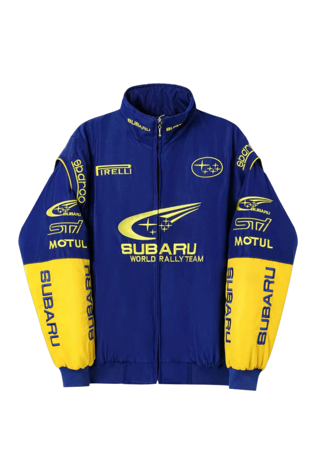 Blue and yellow Subaru rally jacket flat front view with embroidered crest
