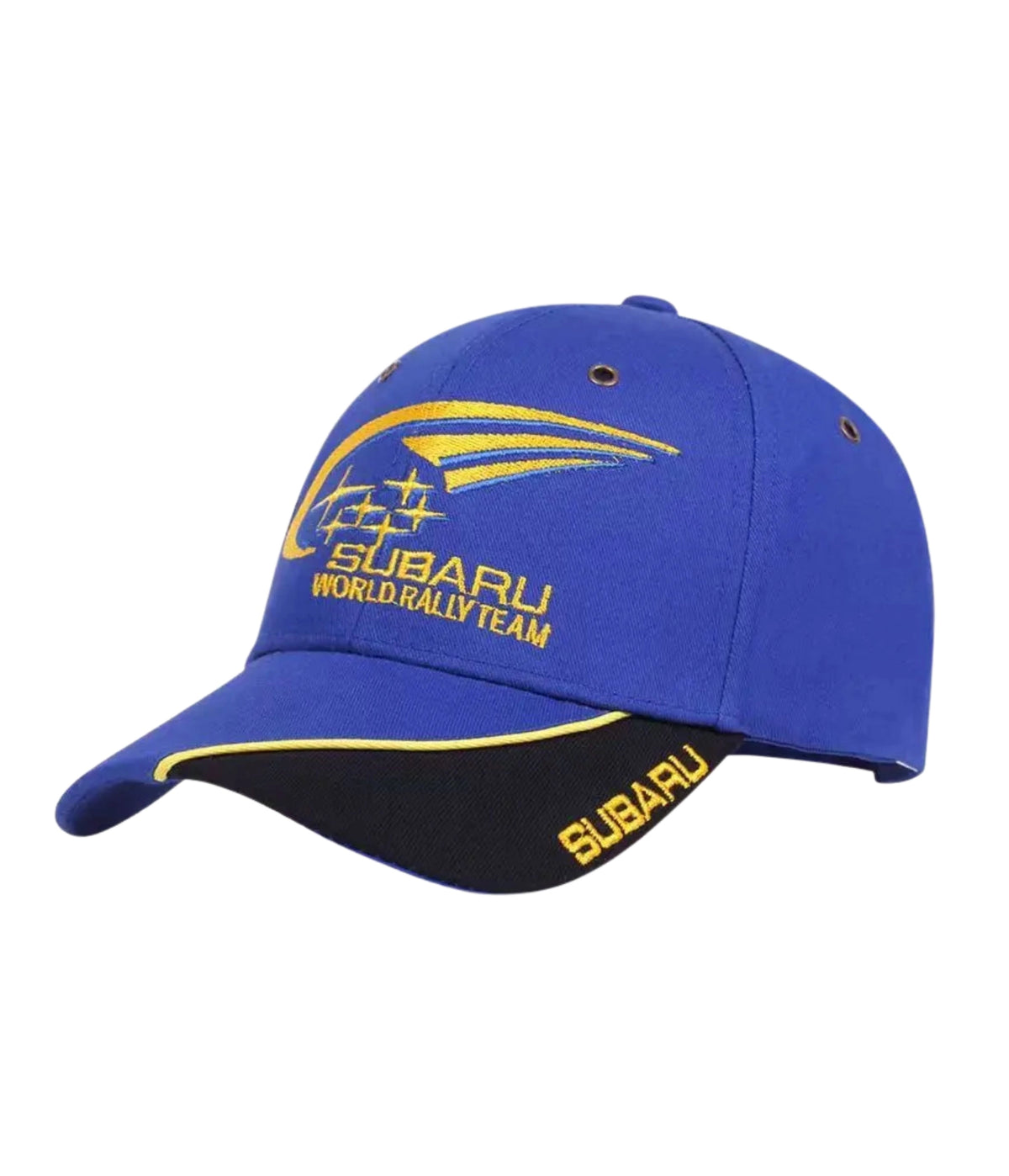 Blue Subaru World Rally Team embroidered cap, side view