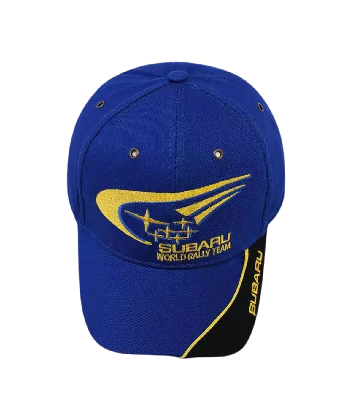 Blue Subaru World Rally Team cap, front view with yellow crest