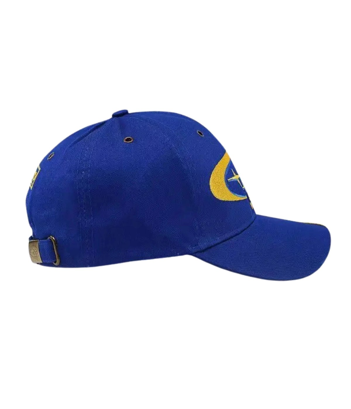 Side profile of the blue Subaru rally cap with pre-curved brim