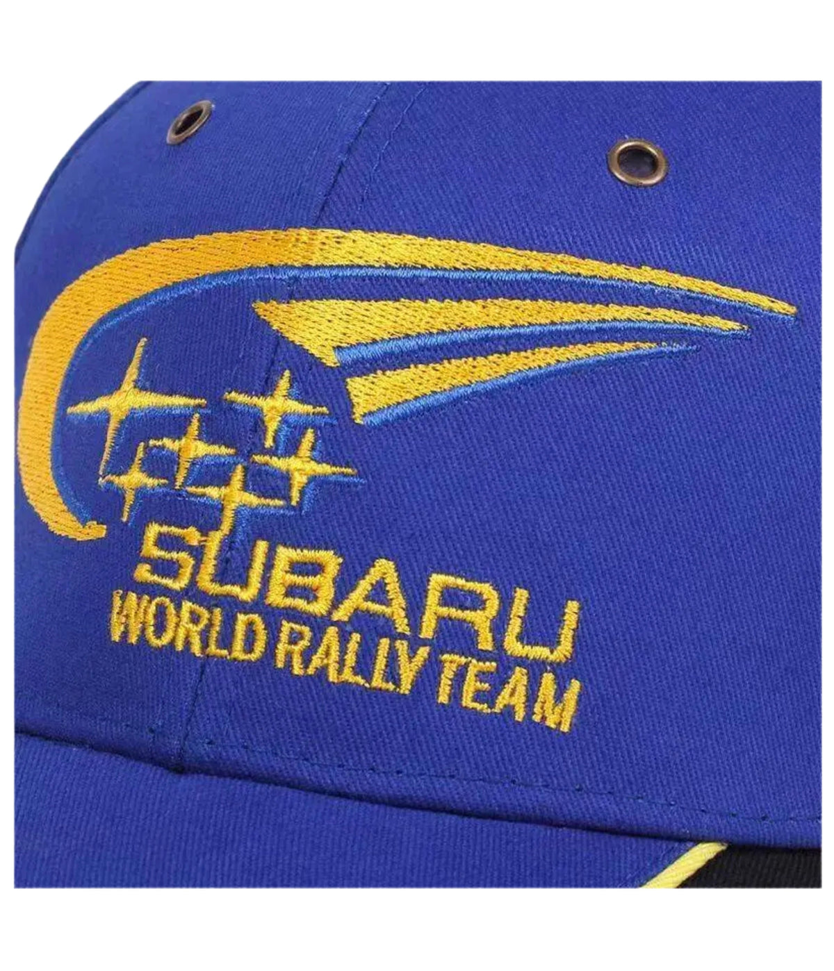 Close-up of the embroidered Subaru World Rally Team crest