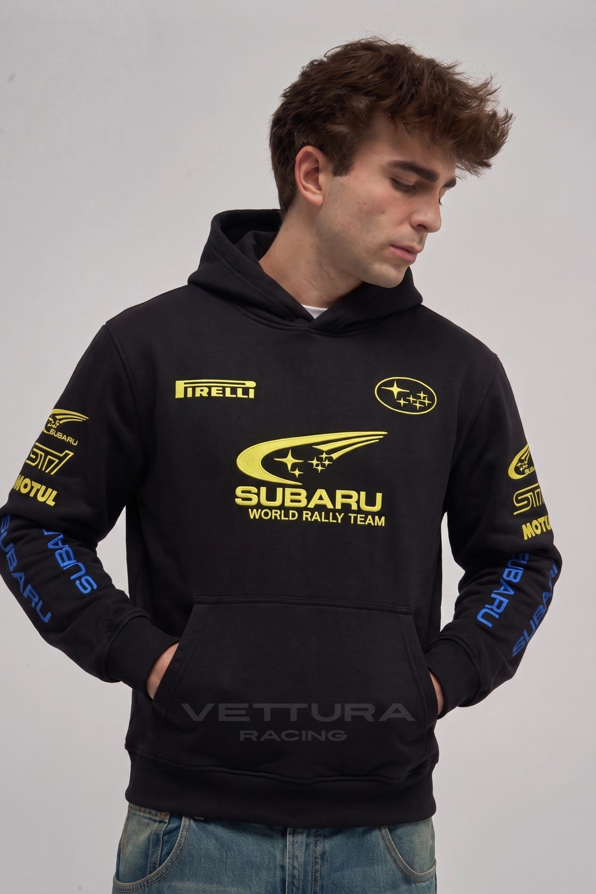 Subaru World Rally Team hoodie styled with jeans in daylight