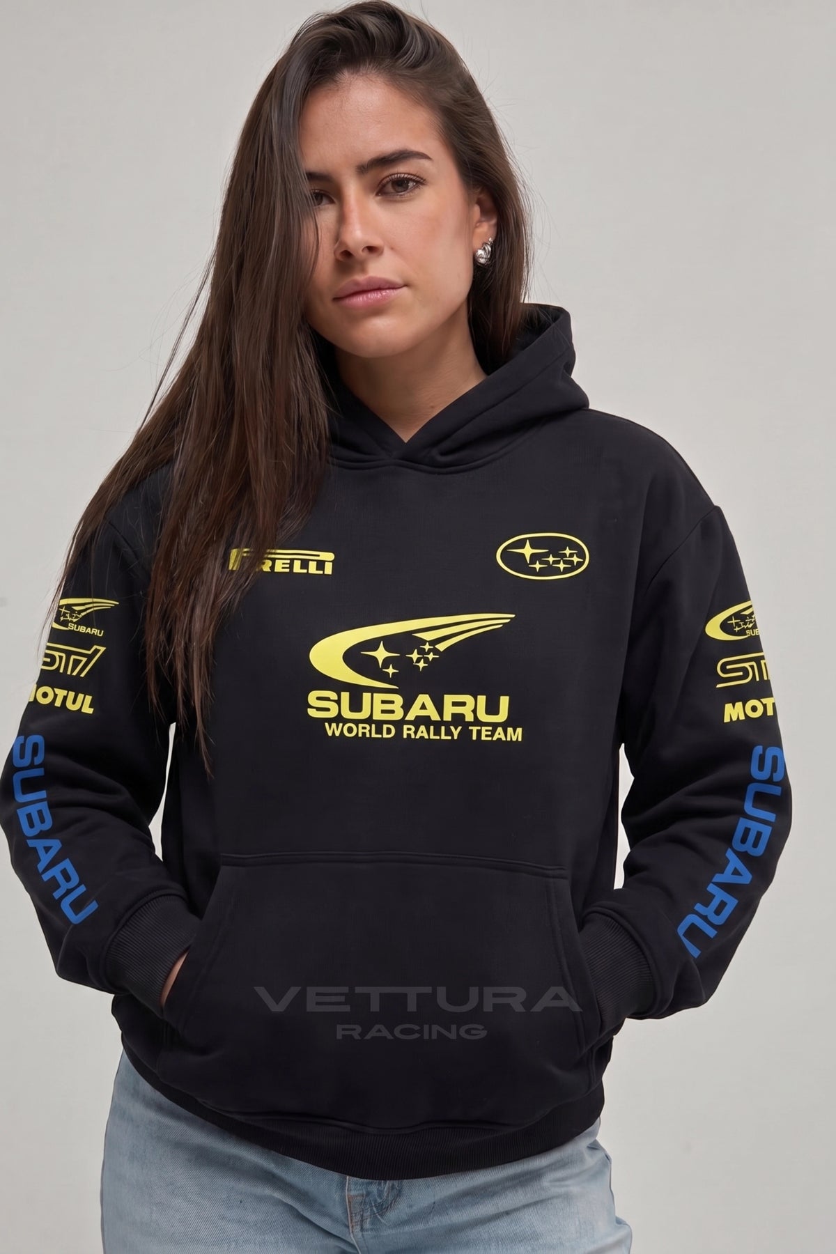 Back of the Subaru World Rally Team hoodie with the embroidered yellow crest