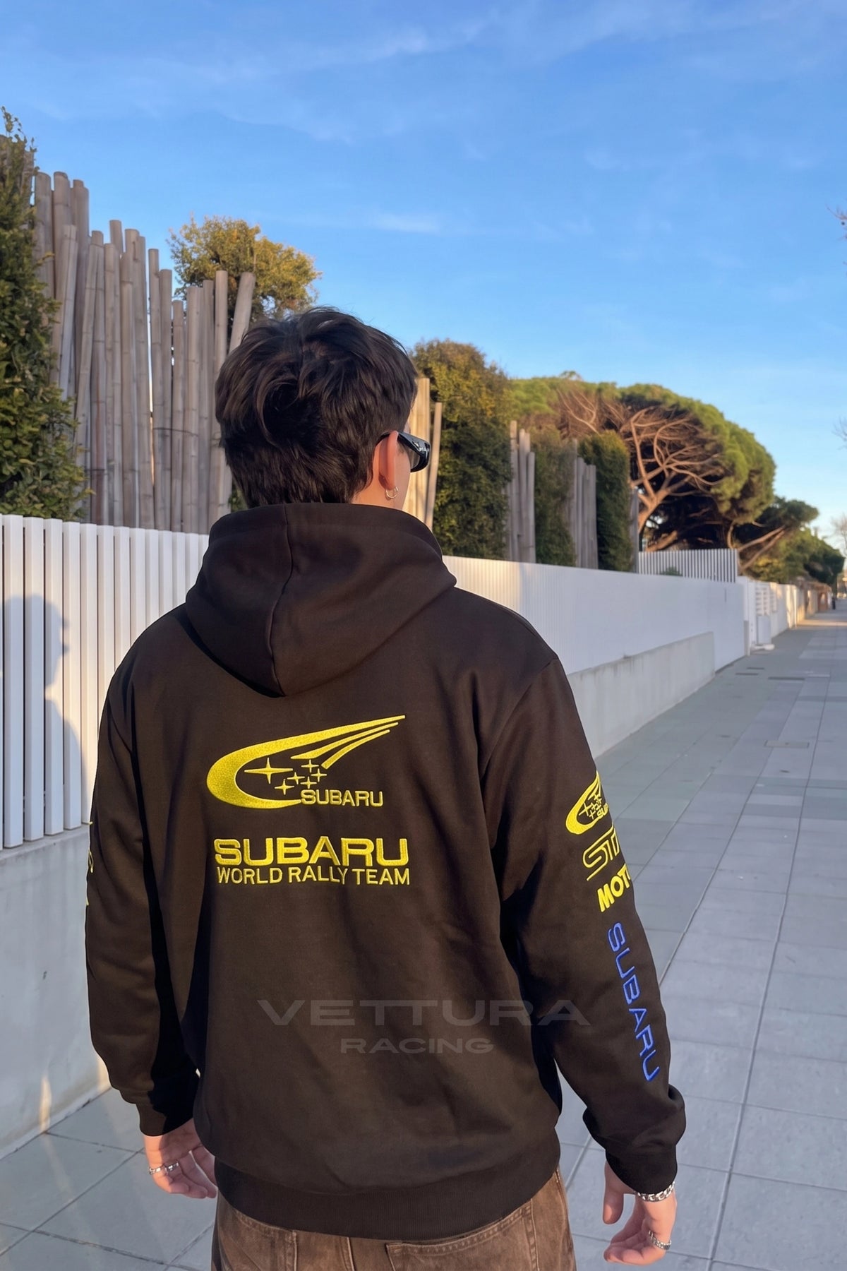 Detail of the brushed fleece and ribbed cuffs on the Subaru rally hoodie