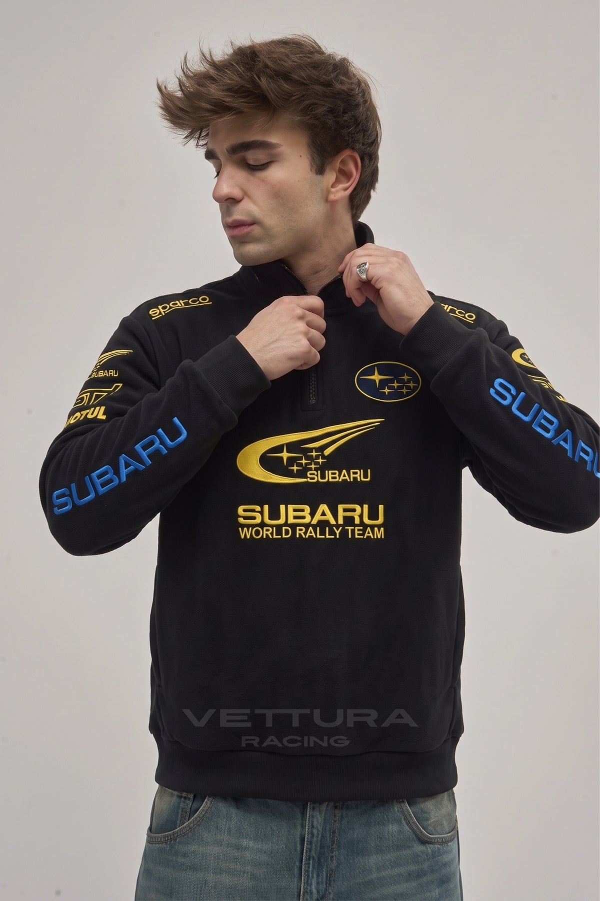 Subaru World Rally zip sweatshirt styled with jeans in daylight