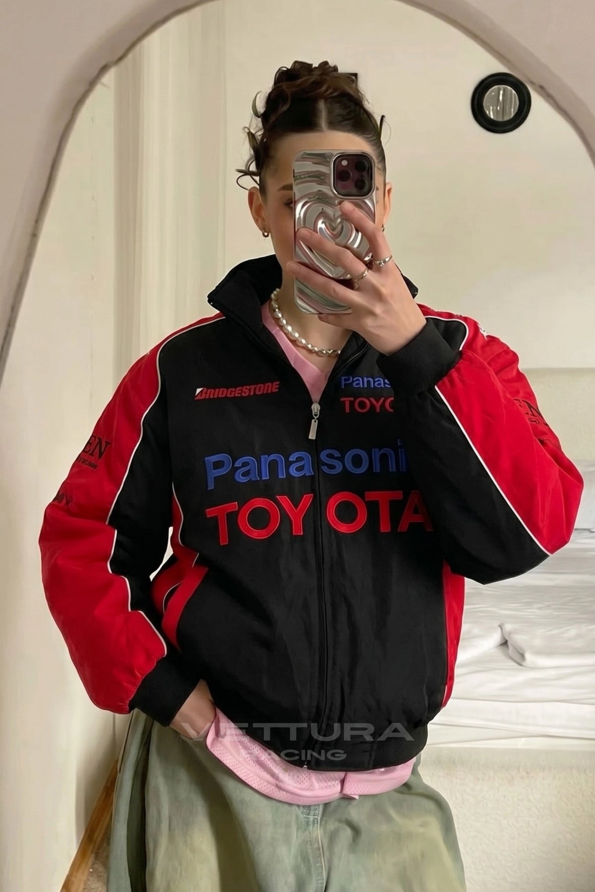 Toyota vintage racing jacket black edition photographed outdoors