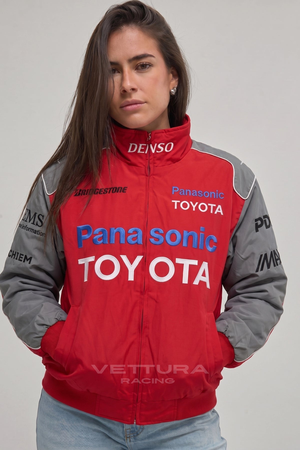 Toyota Panasonic racing jacket styled with jeans in daylight