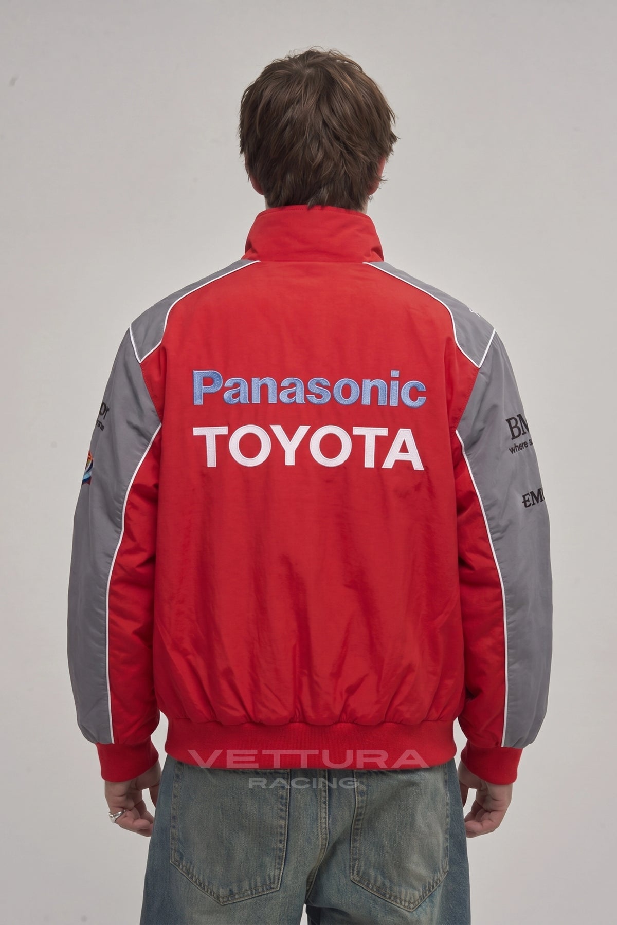 Toyota vintage racing jacket in red worn on the street