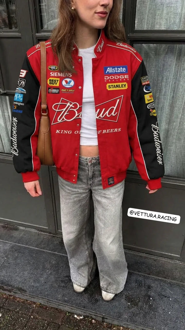 Customer in a red Budweiser vintage racing jacket