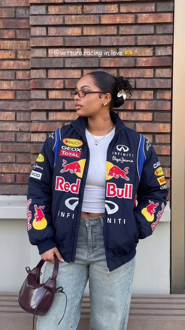 Customer in a navy Red Bull racing jacket