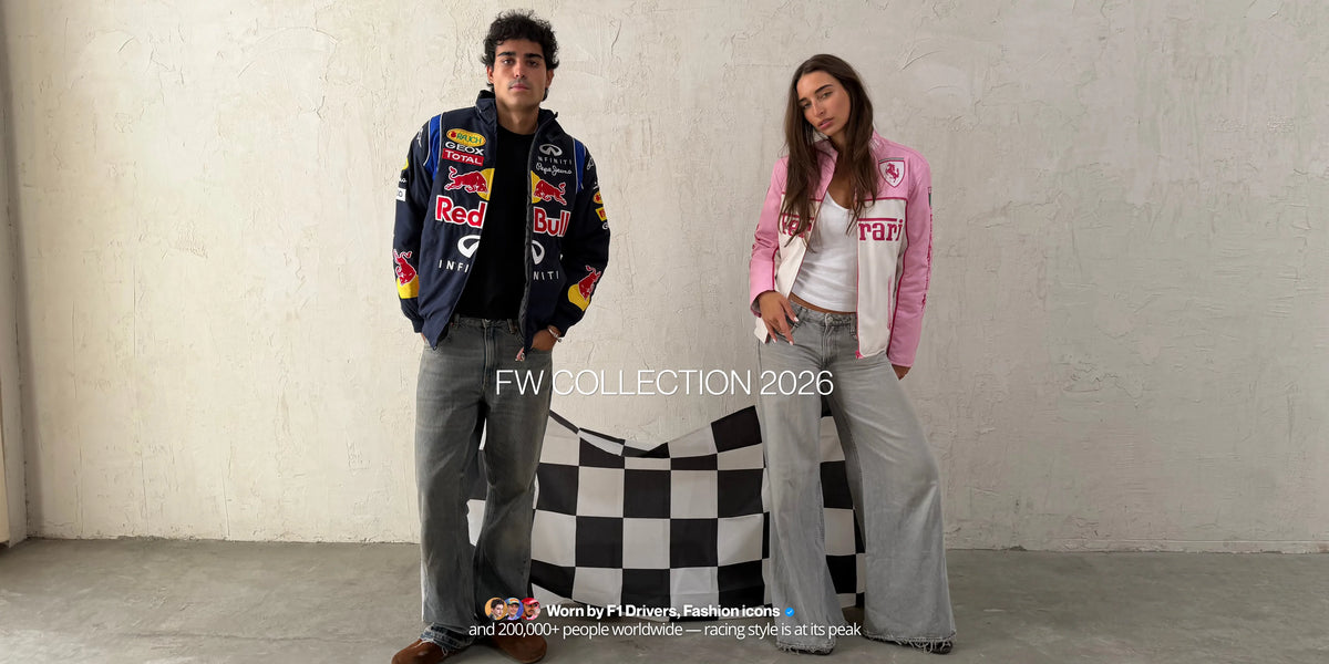 FW 2026 collection: man in a navy Red Bull F1 vintage racing jacket and woman in a pink Ferrari leather racing jacket