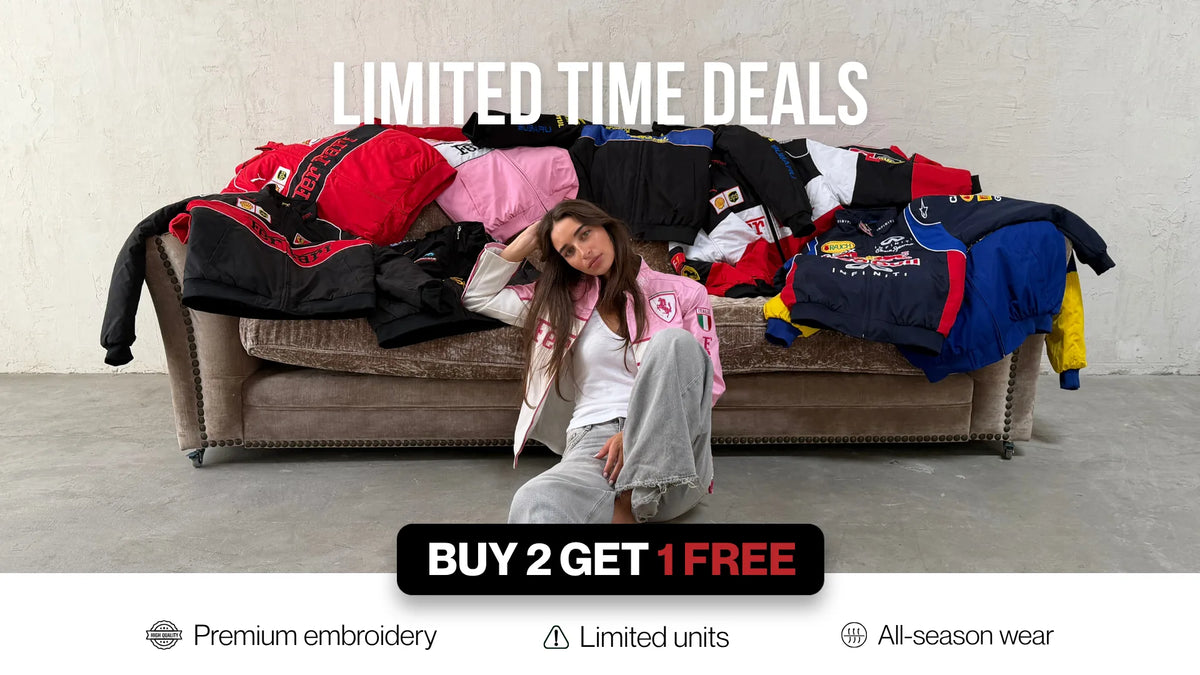 Limited time deals, buy 2 get 1 free: couple with a sofa piled with vintage racing jackets