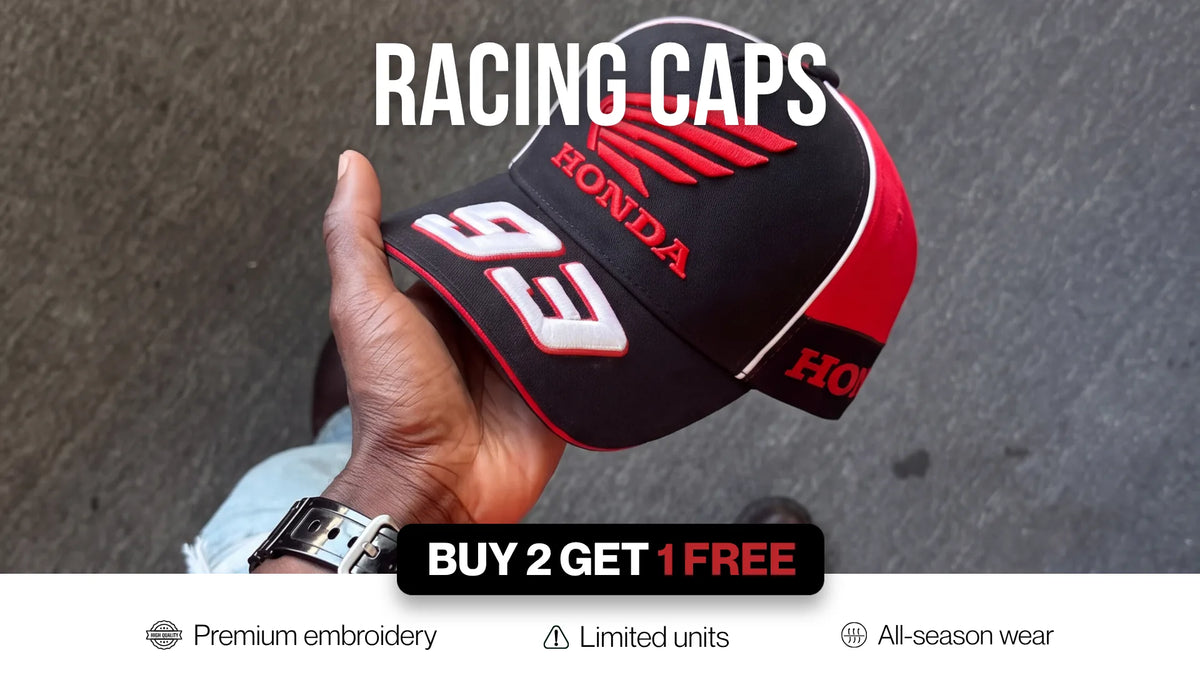Racing caps, buy 2 get 1 free: Honda Racing and Nissan GT-R structured embroidered caps