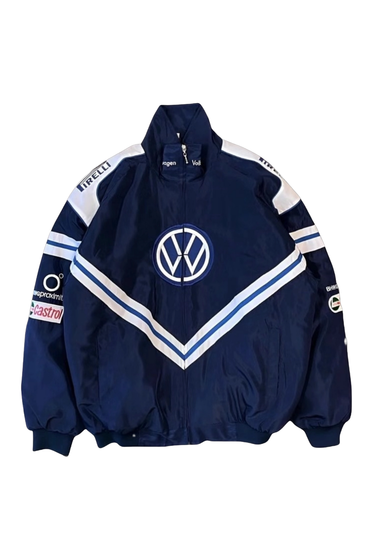 Volkswagen vintage racing jacket, front cut-out in navy